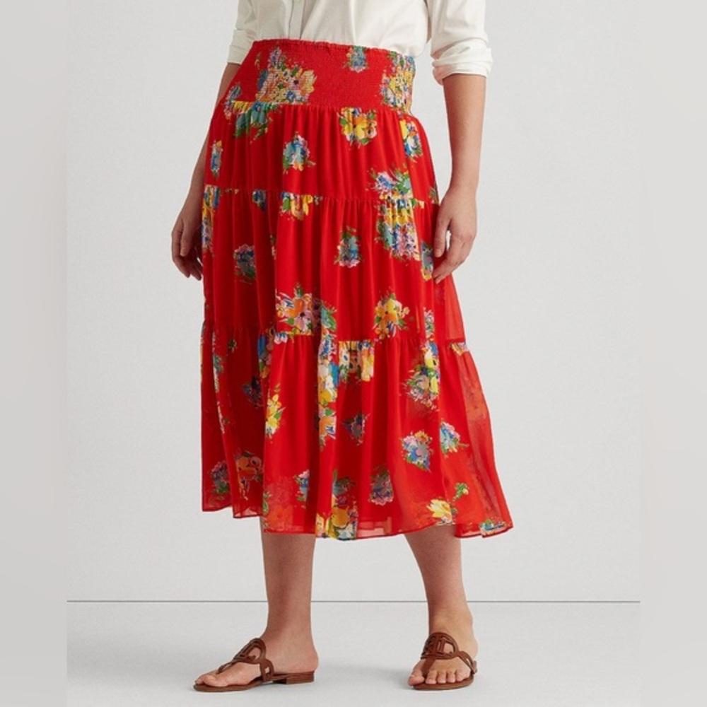 Lauren Ralph Lauren Black‎ Label Red Floral Print Georgette Midi Skirt